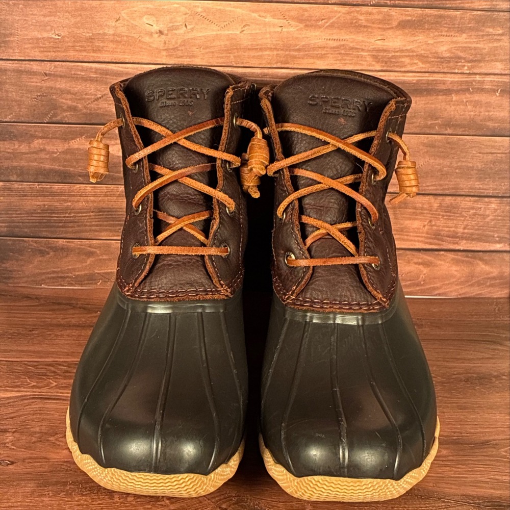 Sperry Saltwater Duck Boots Brown Leather Black Rubber STS91176 Womens 9